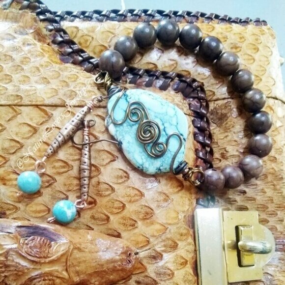 Gift Set: Beaded Bracelet & Earrings ~ Copper & Turquoise Howlite - Southwestern - Picture 9 of 13